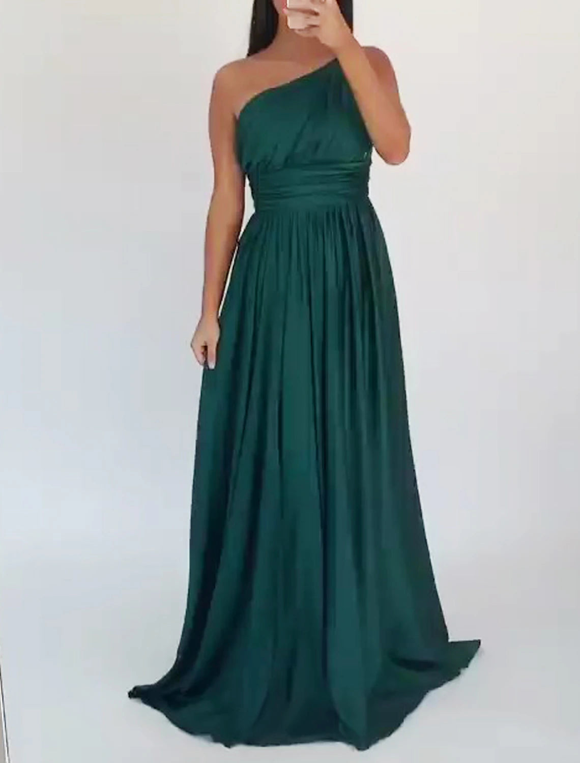 Abito da sera a trapezio, elegante, da invitata a nozze, con cravatta nera, strascico a ruota, senza maniche, monospalla, in raso con arricciature